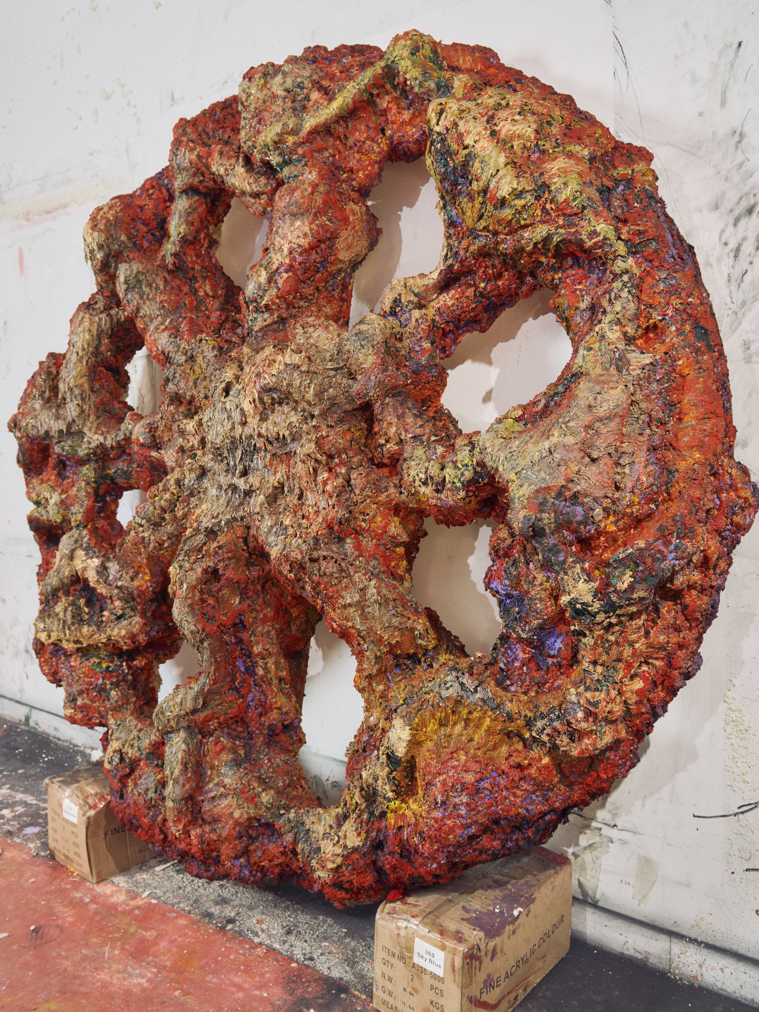  MAGMA wheel, 2018 Oil, gesso, acrylic, polyurethane foam on wood  220 x 220 x 40 cm 