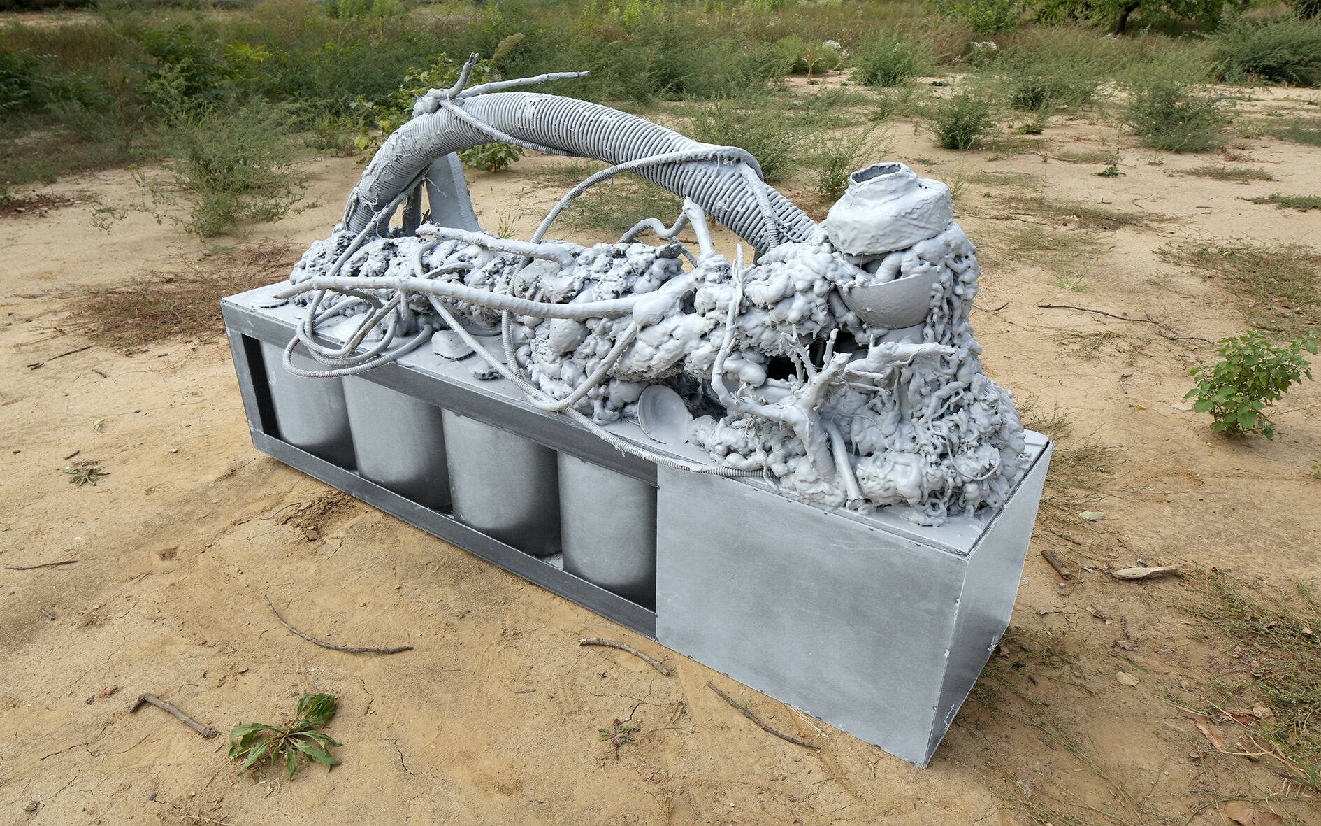  DOUBLE SPINE, 112 x 121 x 72 cm, 2020, Polyurethane foam, plastic tubes, tree branches, shells, found baby turtle, recycled plastics, roots, earth, construction nails, oil and acrylic paint, pvc xps panel, spider webs,  spray paint, gesso unified wi