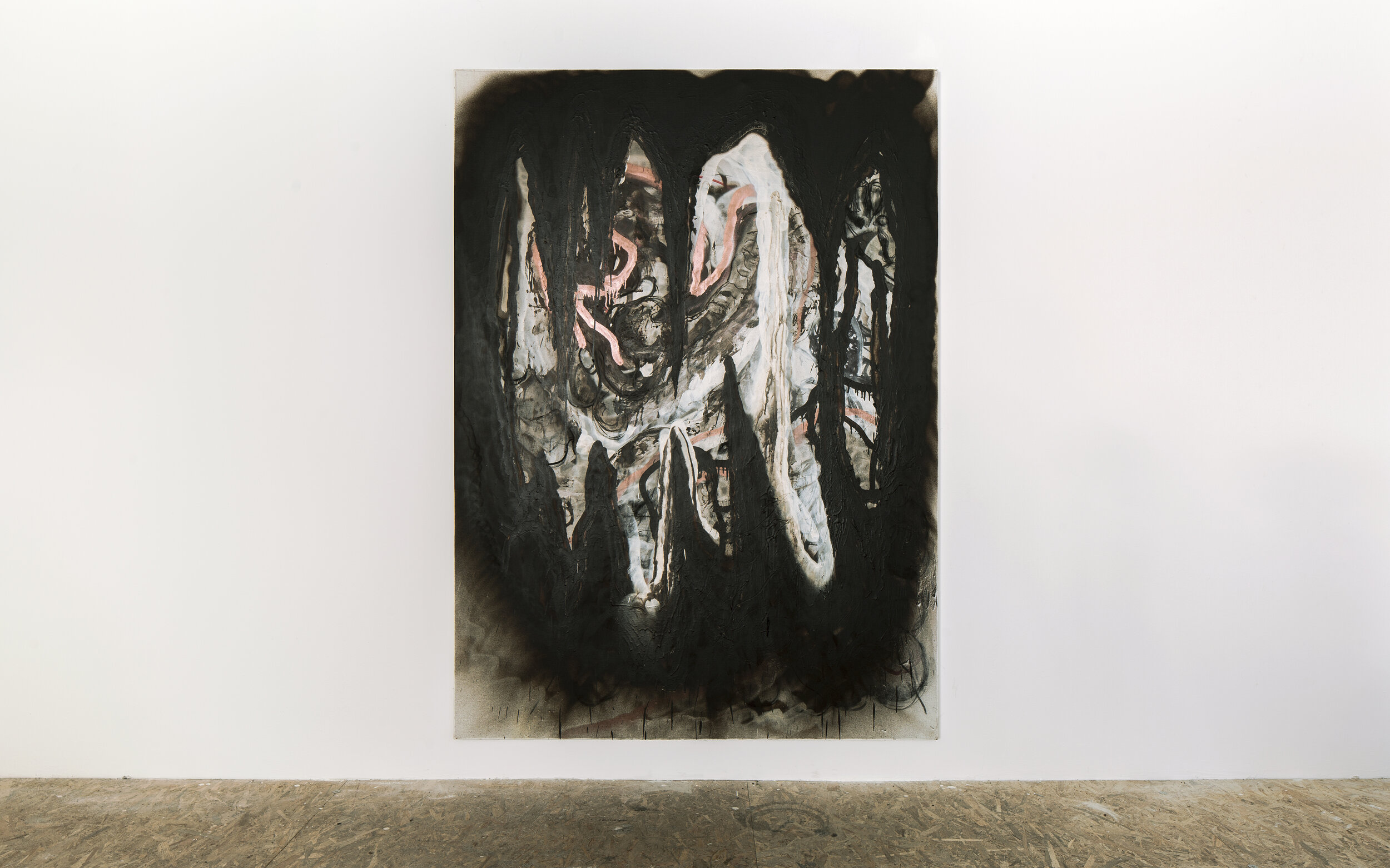  INTERIOR, 210 x 150 x 4 cm, 2020, Charcoal, Ink, permanent marker, spray paint on canvas  